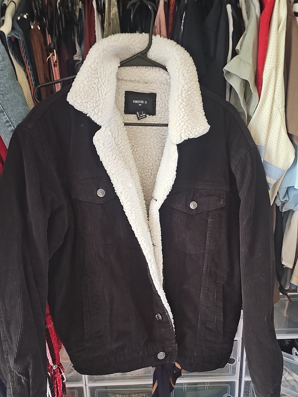 Forever 21 Men's Black Corduroy Bomber Jacket with Cream Sherpa Lining